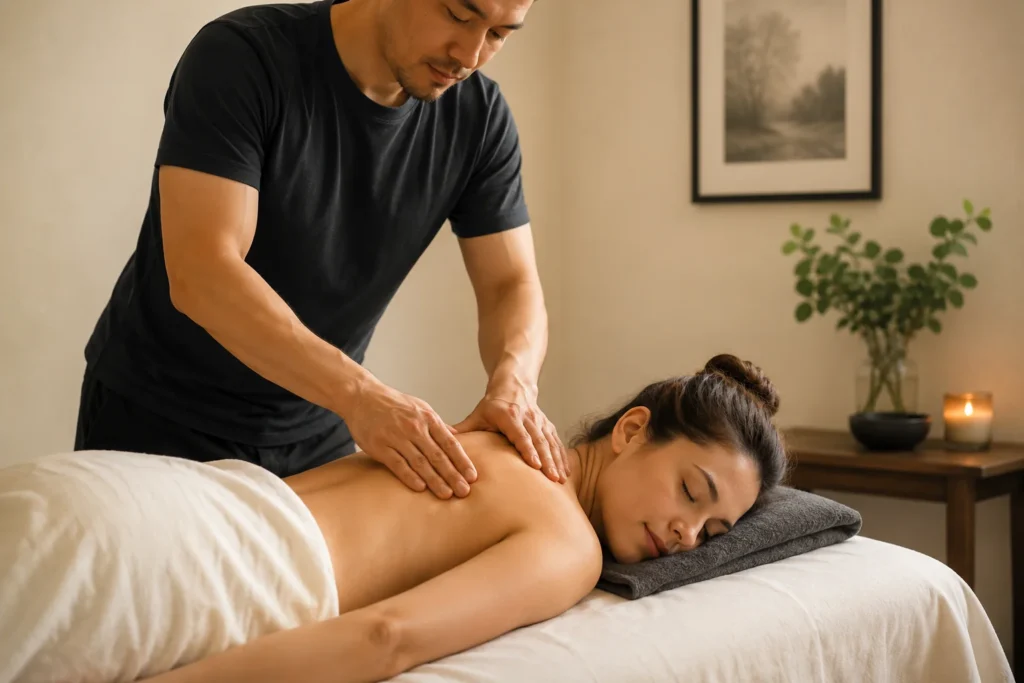 Therapist providing personalized upper back and shoulder massage in a calm private treatment room